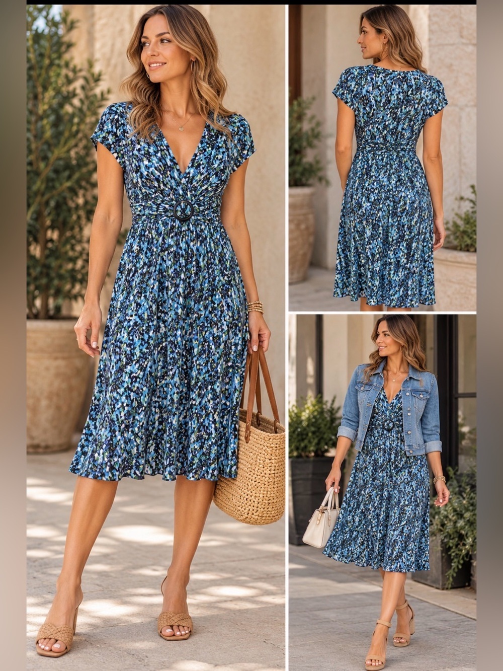 STUDIO 1 colorful blue speckled Y2K 90's midi stretch woman poly spandex dress